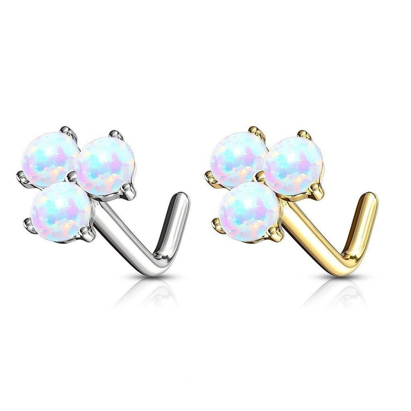 14kt Gold 3 Opal Nose L Bend 20G White Gold