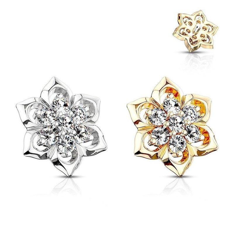 14kt Gold Gem Flower Dermal Top 14G White Gold