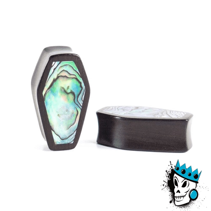 Dark Raintree Wood Coffin Plugs with Abalone Shell Inlay (0 gauge – 3 inch) 0 g