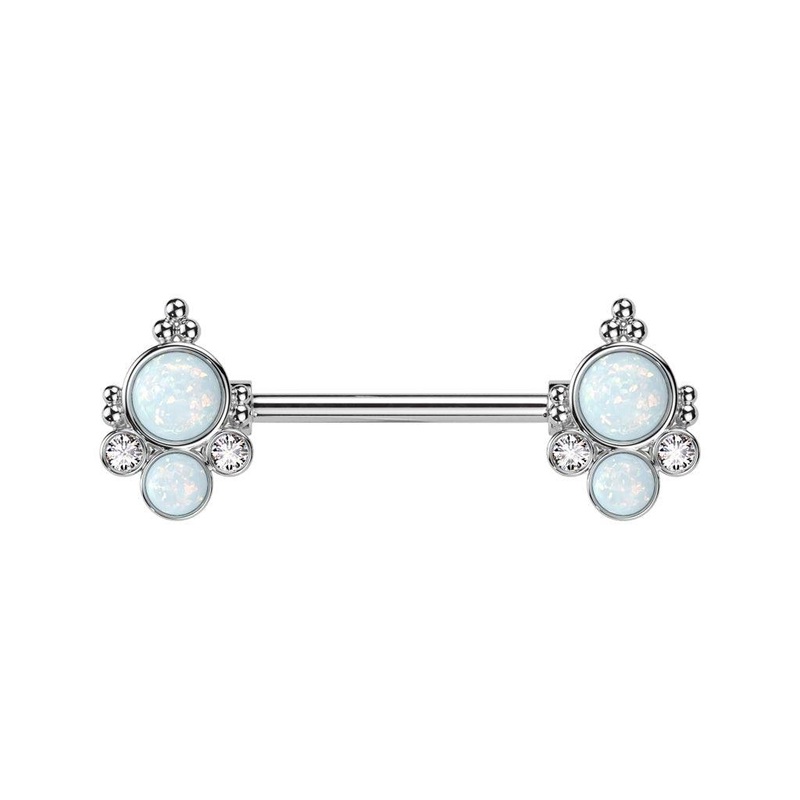 Double Opal Cluster Nipple Bar 14G Gold