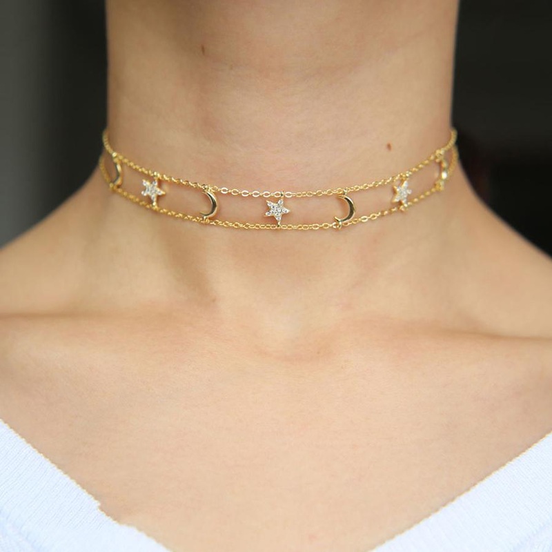 Eos Layered Star & Moon Pendant Statement Choker Necklace Gold Choker