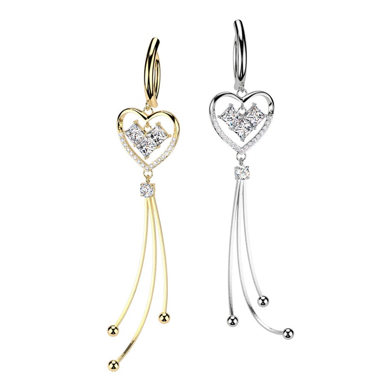 Heart Chain Drop Hinged Belly Bar 14G Gold