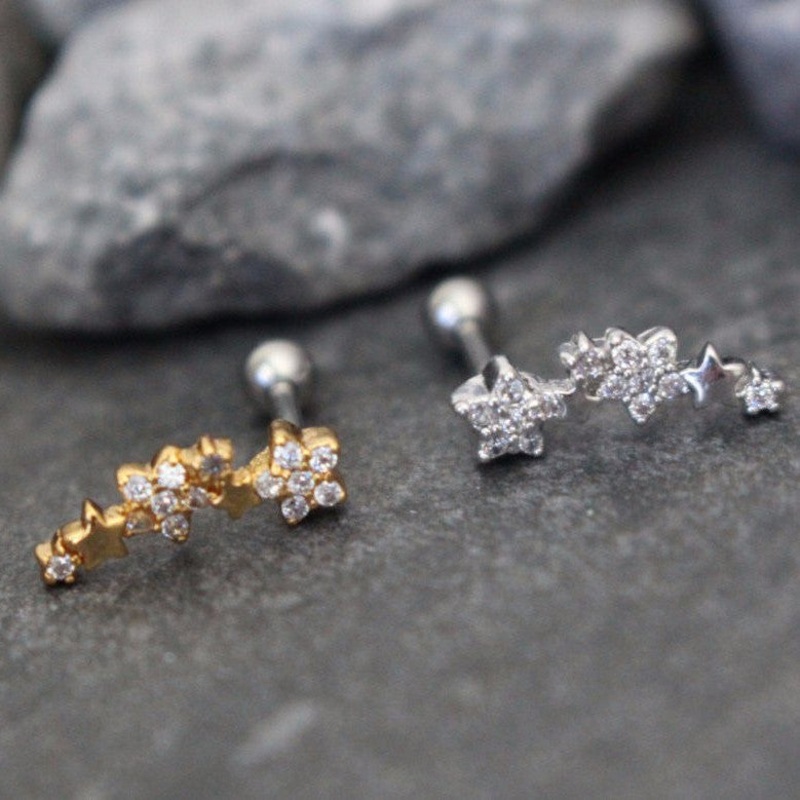 Nixie Triple Star 16G Ear Piercing Gold Pair of Piercings (2)