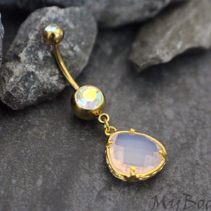 Precious Belly Button Ring  in Pink Opal