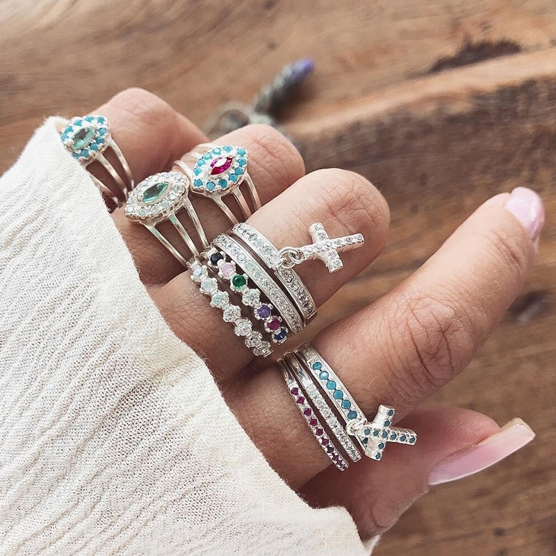 Zella Boho Crystal Cross Stackable Fashion Ring Set 10 Pieces