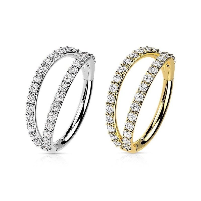 14kt Gold Double Side Paved Hinged Ring 16G White Gold 8mm