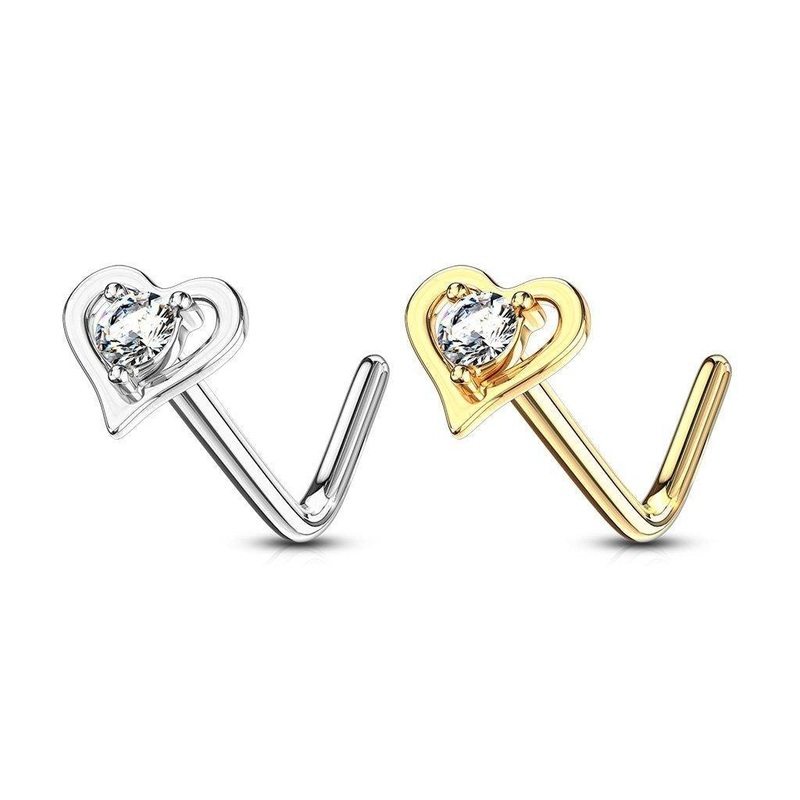 14kt Gold Hollow Heart Nose L Bend 20G White Gold