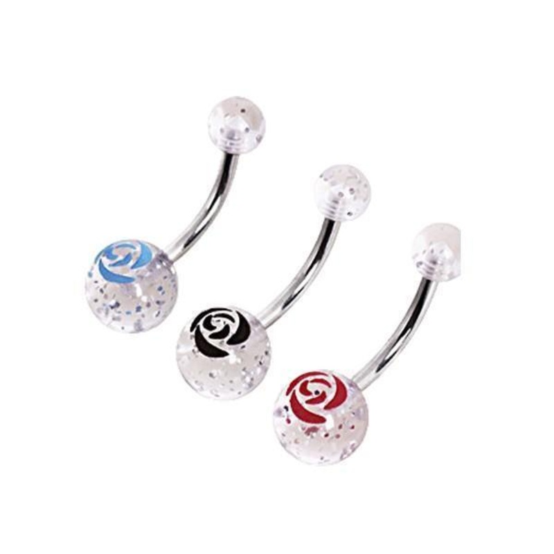Glitter Rose Belly Bar 14G Black