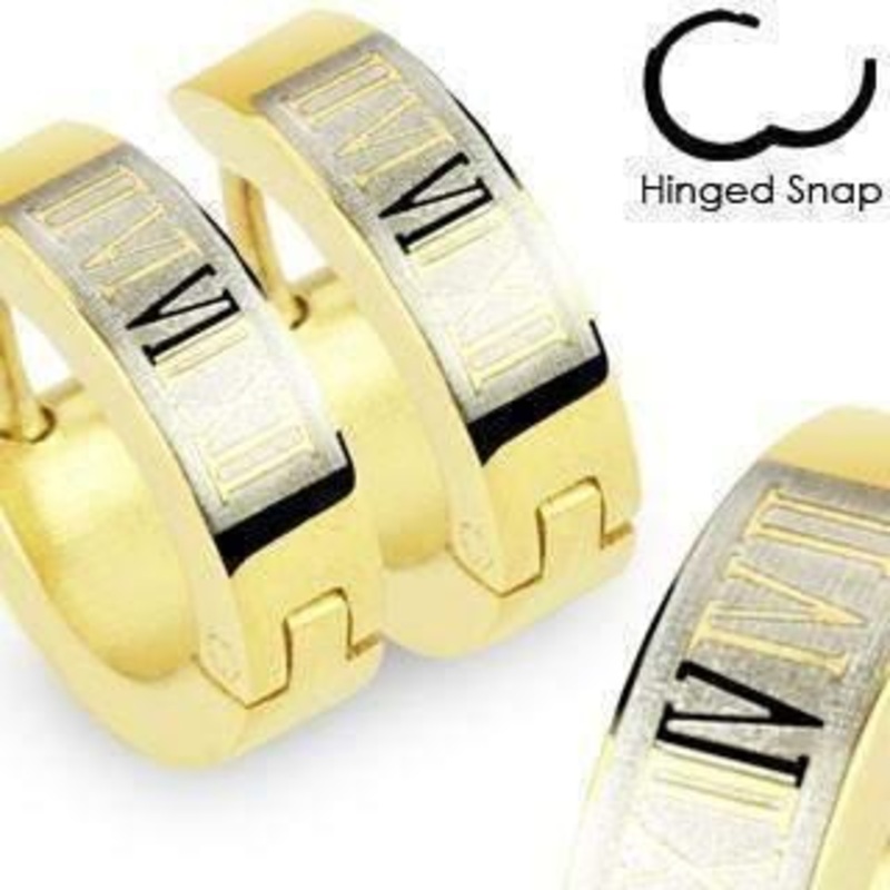 Gold Roman Numerals Huggies Earrings Pair