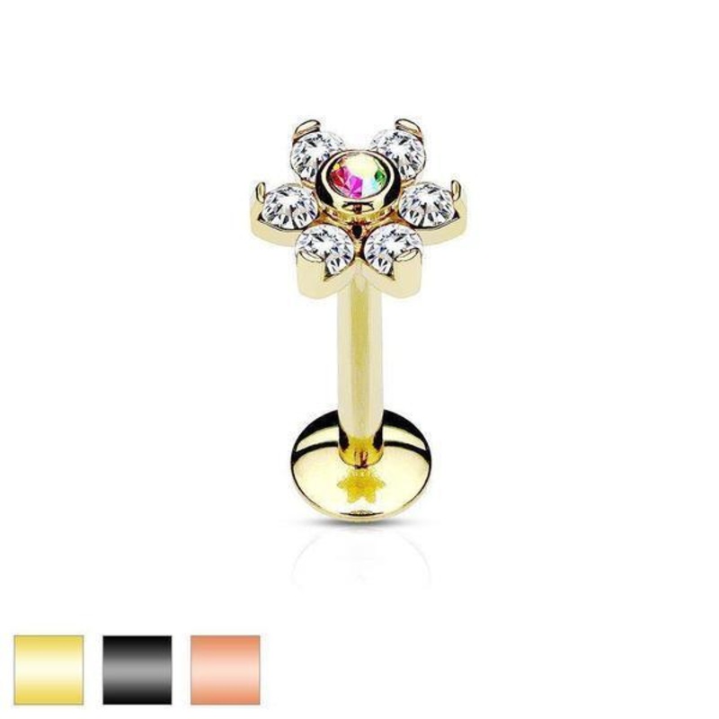 IP 7 Gem Flower Labret 16G Black 6mm