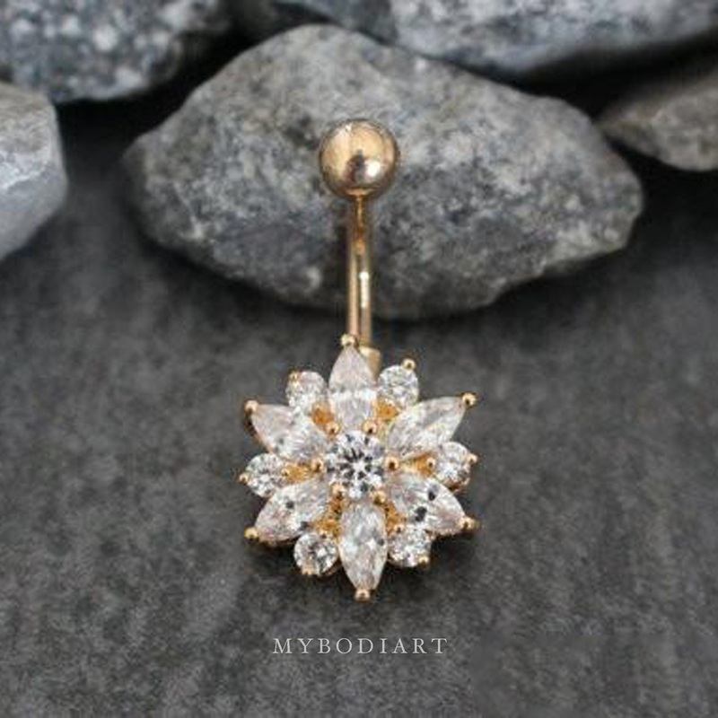 Janie Swarovski Crystal Flower Belly Button Ring Stud Gold & Clear Crystals