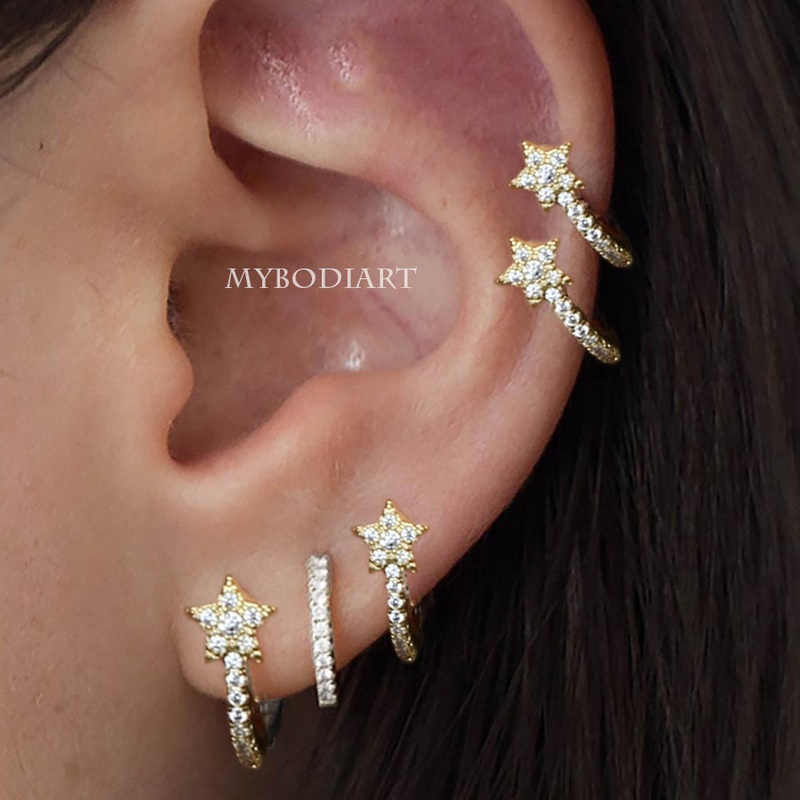 Mystika Cute Crystal Star Small Star Half Hoop Earrings Gold