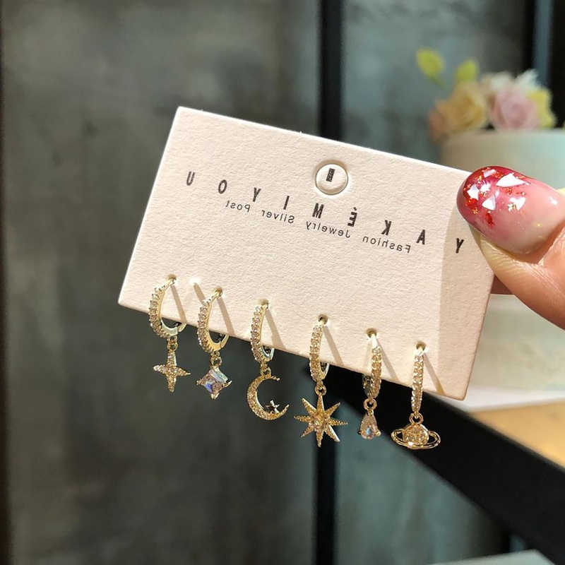 Rey Crystal Moon Star Planet Gold Hoop Huggie Earrings Set 6 Pieces