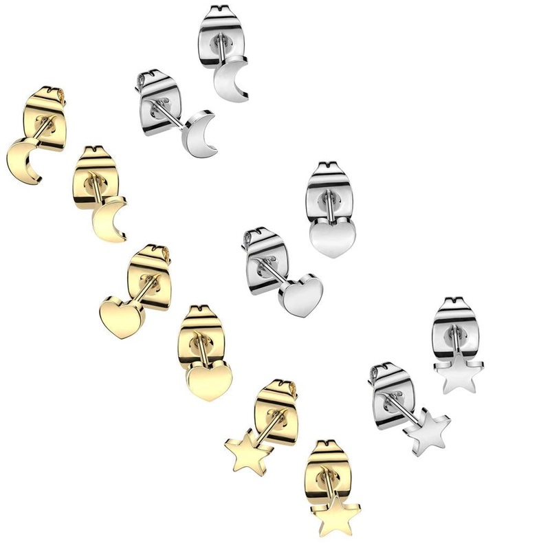 Titanium Earrings Pair. Star Moon Heart Heart Gold