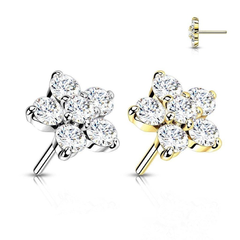 14kt Gold Threadless Gem Flower Top White Gold