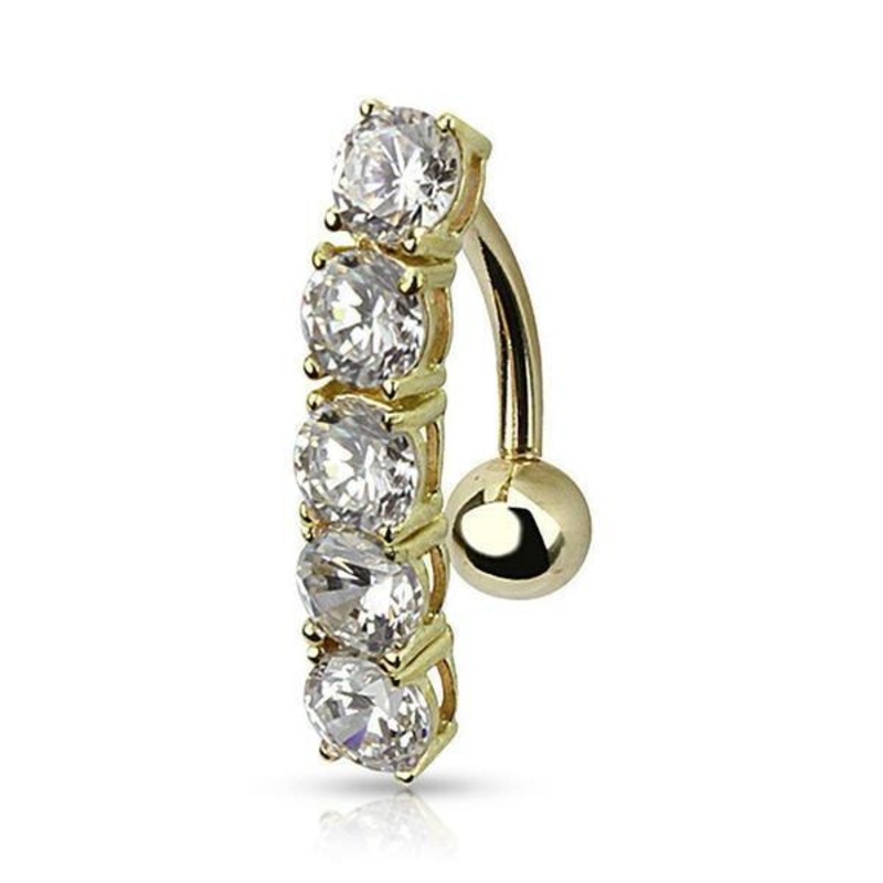 14kt Yellow Gold 5 Gem Drop Belly Bar 14G