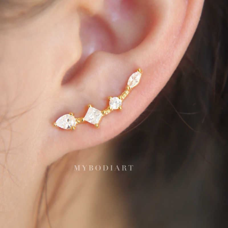 Carlee Teardrop Diamond Geometric Shape Cubic Zirconia Crystal Ear Climber Crawler Earring Gold