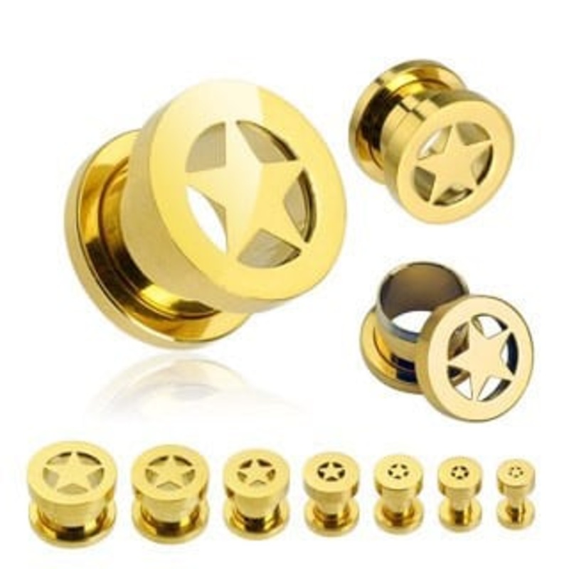 Gold Steel STAR Flesh Tunnels  (8 gauge – 12 mm) 8 g