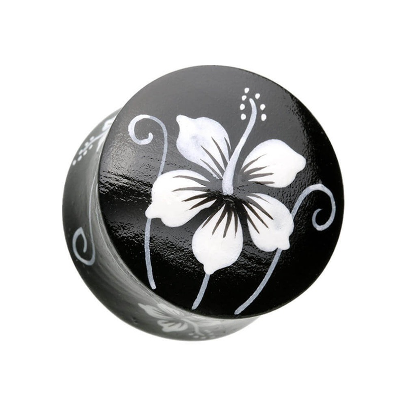 Hand Painted Dark Hibiscus Hawaiian Flower Wood Double Flare Plugs (2 gauge – 1 inch) 2 g