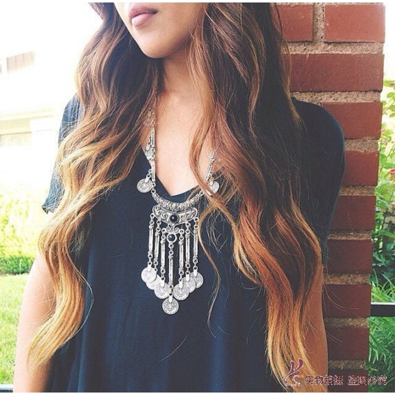 Magnolia Boho Medallion Coin Statement Necklace Black