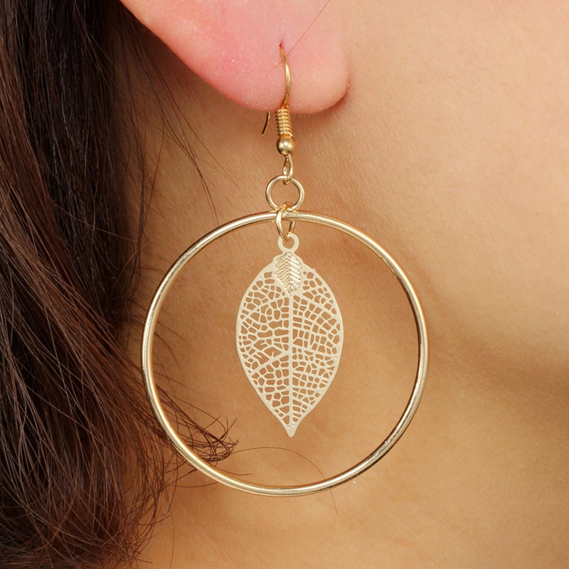 Nola Modern Unique Leaf Dangle Big Hoop Earrings Gold
