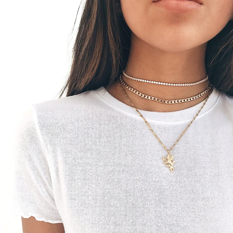 Paige Triple Layered Crystal Chain Modern Rose Pendant Choker Necklace