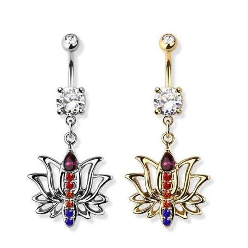 Rainbow Lotus Belly Bar 14G Gold