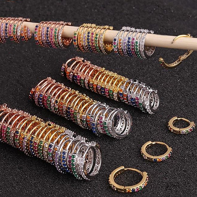 Riel Colorful Huggie Hoop Earring Ring Ear Piercing Jewelry 6mm Gold & Clear Crystals