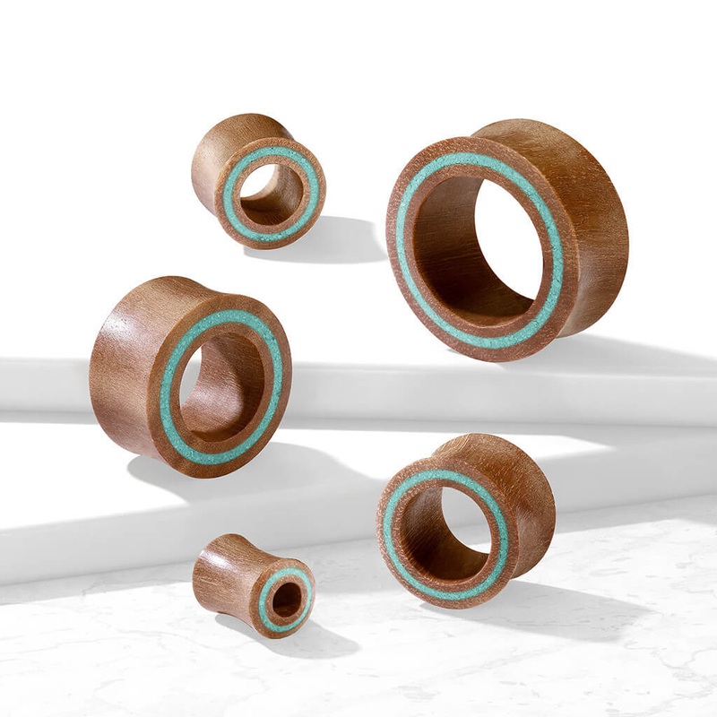 Sawo Wood Tunnels with Inlayed Turquoise  (0 gauge – 1 inch) 0 g