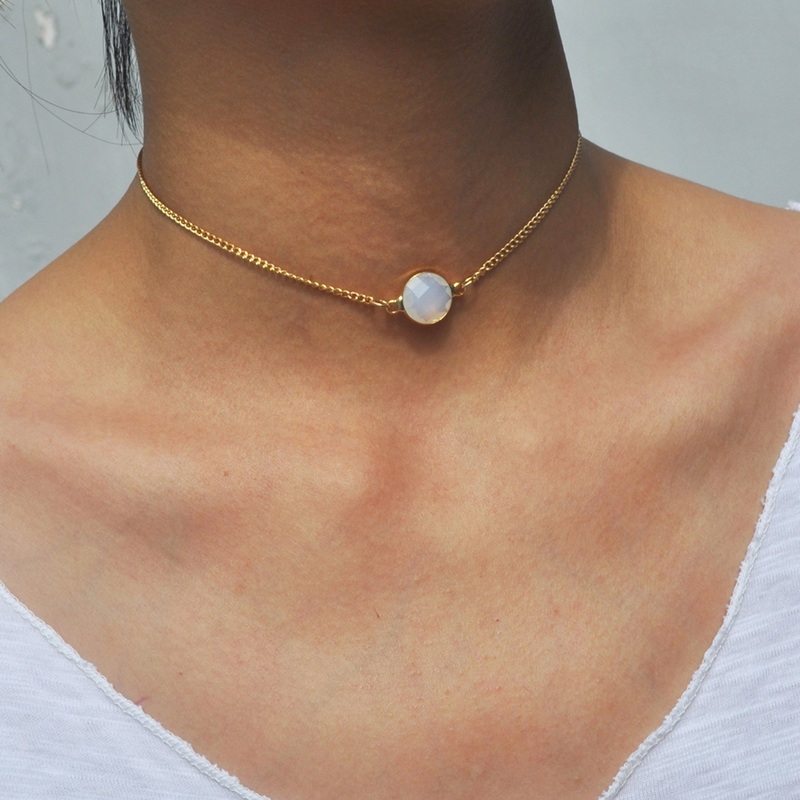 Silas Simple Dainty Opal Choker Necklace in Gold Opaque