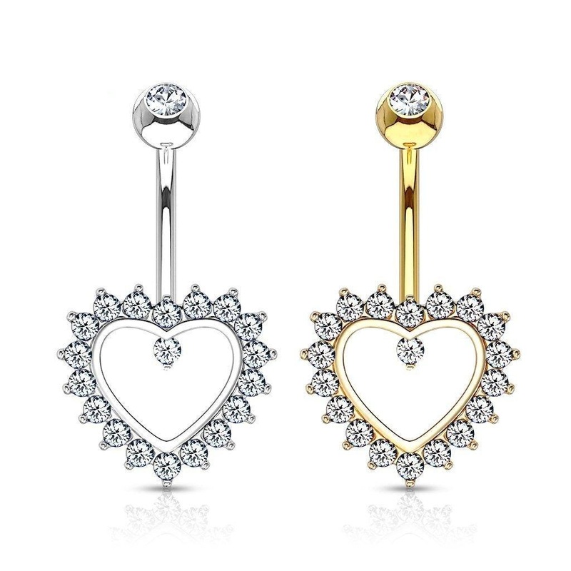 14kt Gold Hollow Gem Heart Belly Bar 14G White Gold