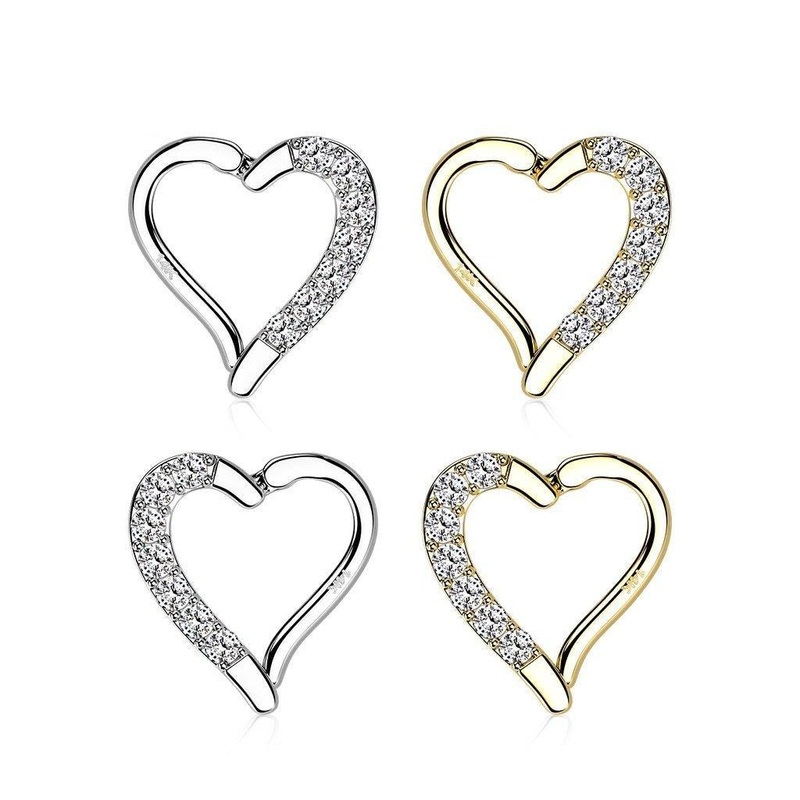 14kt Gold Paved Heart Hinged Daith Ring 16G White Gold Left