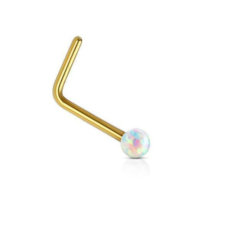 14kt Yellow Gold Opal Ball Nose L Bend 20G Pink