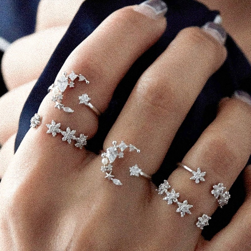Alpha Crystal Flower Moon Star Midi Stackable Statement Ring Set 5pcs