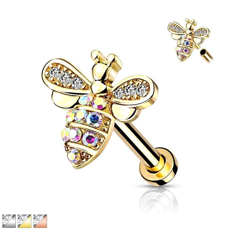 Bee Labret. 16G. Internally Threaded. 14kt Gold Plated. 6mm Gold