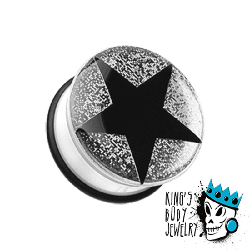 Black Star with White Glitter Plugs (2 gauge – 1 inch) 2 g