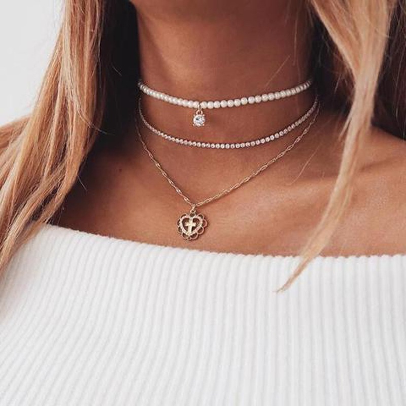 Genevieve Triple Layered Statement Pearl & Crystal Choker Necklace in Gold