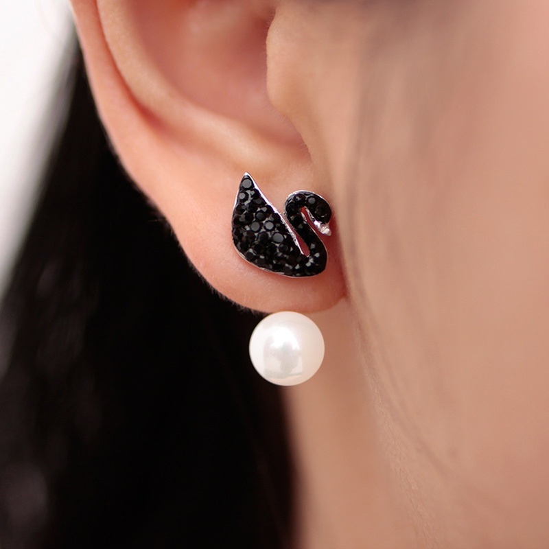 Mistik Black Swan Crystal Pearl Drop Ear Jacket Earrings