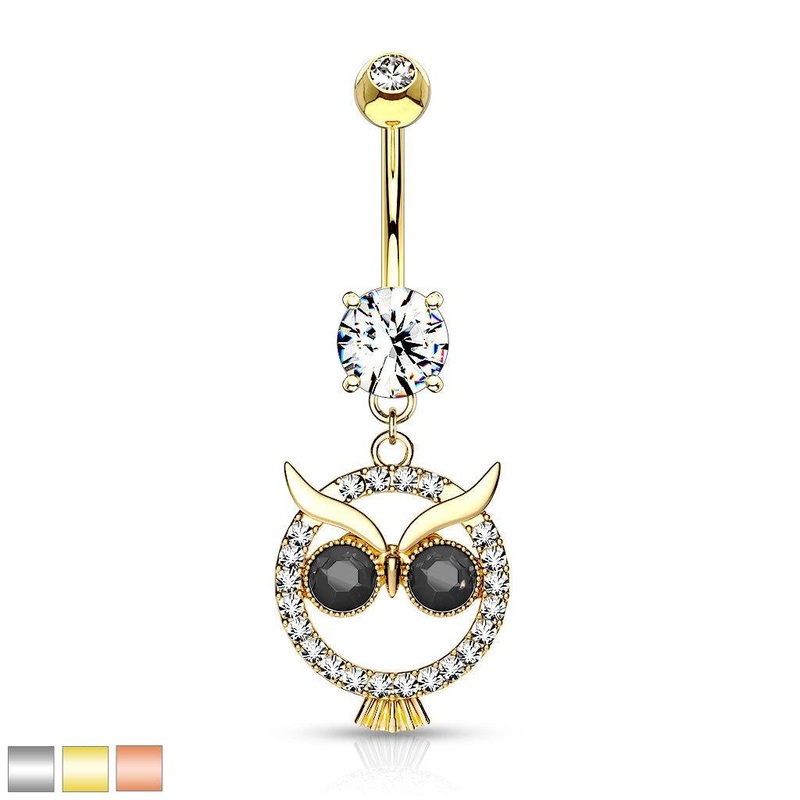 Paved Owl Dangle Belly Bar 14G Gold