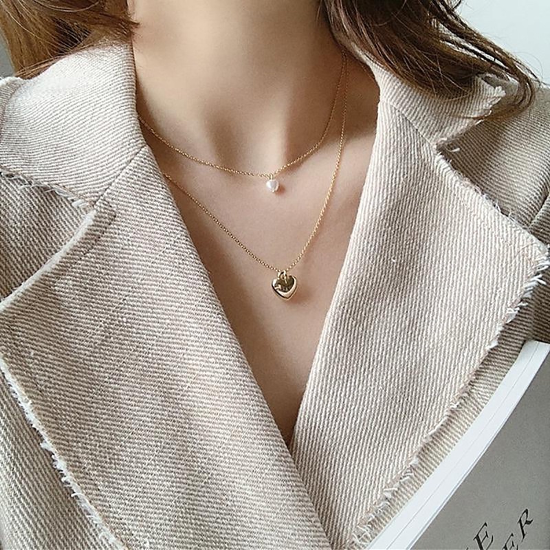 Rigel Double Layered Heart Pearl Gold Chain Choker Necklace
