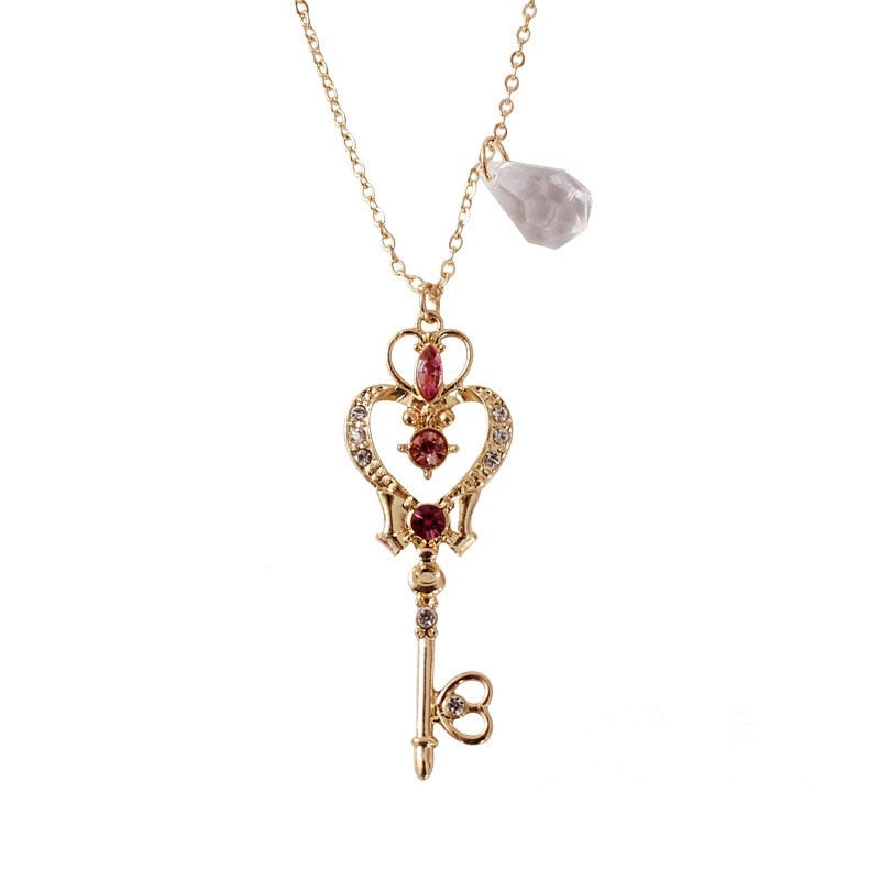 Usagi Pink Heart Key Cute Sailor Moon Inspired Gold Pendant Necklace