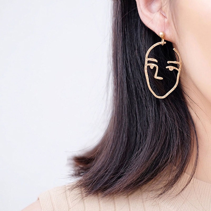 Zen Hammered Metal Artistic Modern Portrait Face Dangle Earrings Gold
