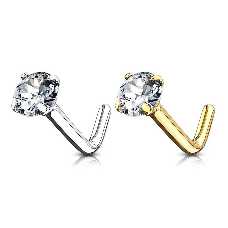 14kt Gold Prong Gem Nose L Bend White Gold 20G Clear