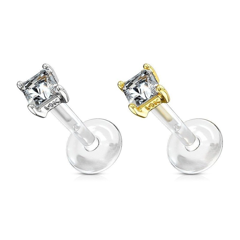 14kt Gold Square Gem Bioflex Labret 16G White Gold 6mm