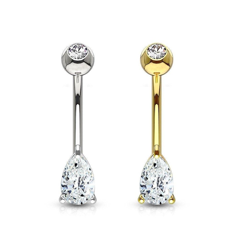 14kt Yellow Gold Gem Drop Belly Bar 14G White Gold