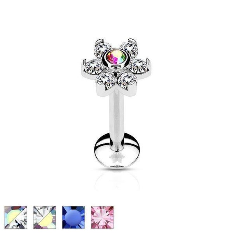 7 Gem Flower Labret 16G 6mm Blue