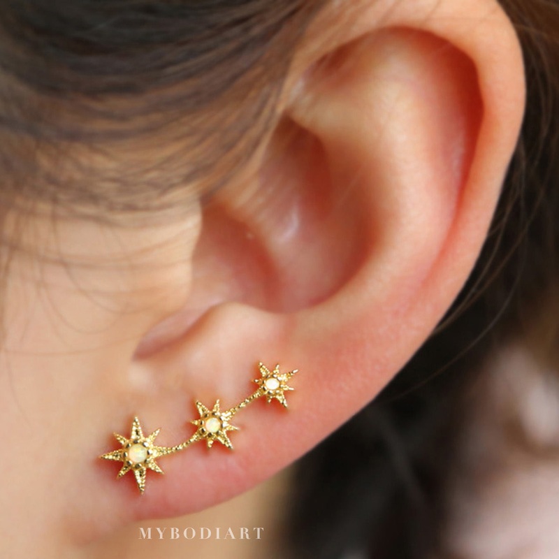 Aurora Unique Opal Triple Star Constellation Ear Climber Crawler Earring in Gold