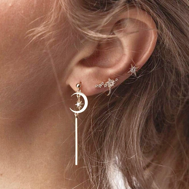 Giulia Cute Moon & Star Cartilage Piercing Ear Cuff Earring Set 3 Pieces in Gold