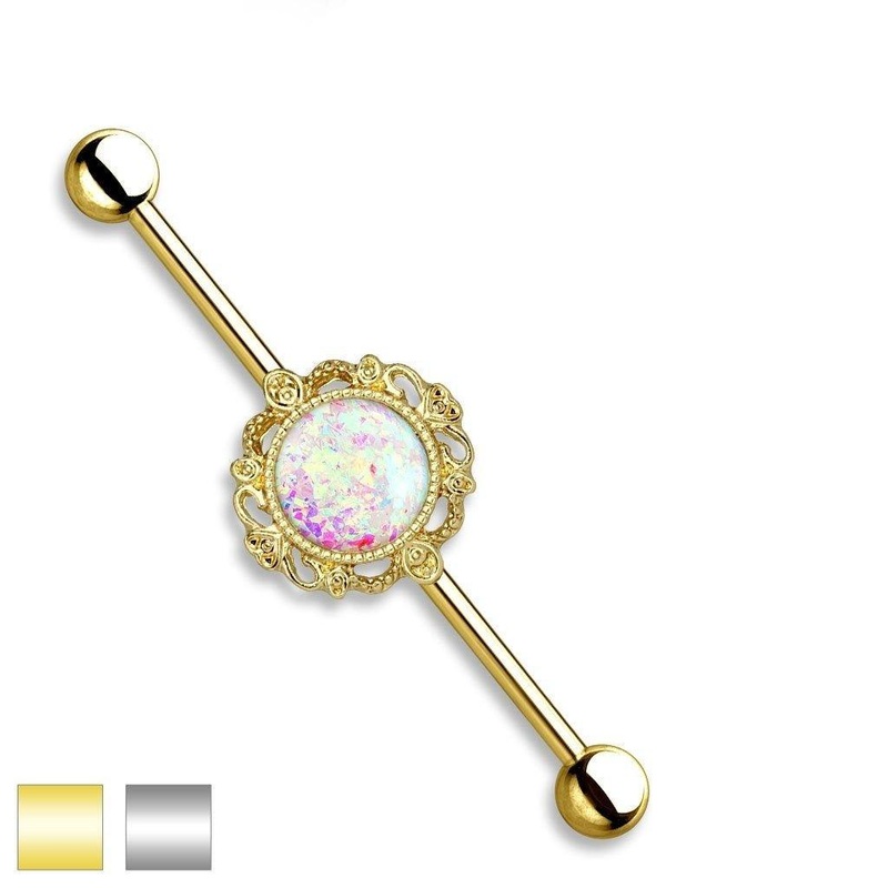 Opal Glitter Filigree Industrial 14G 38mm Gold
