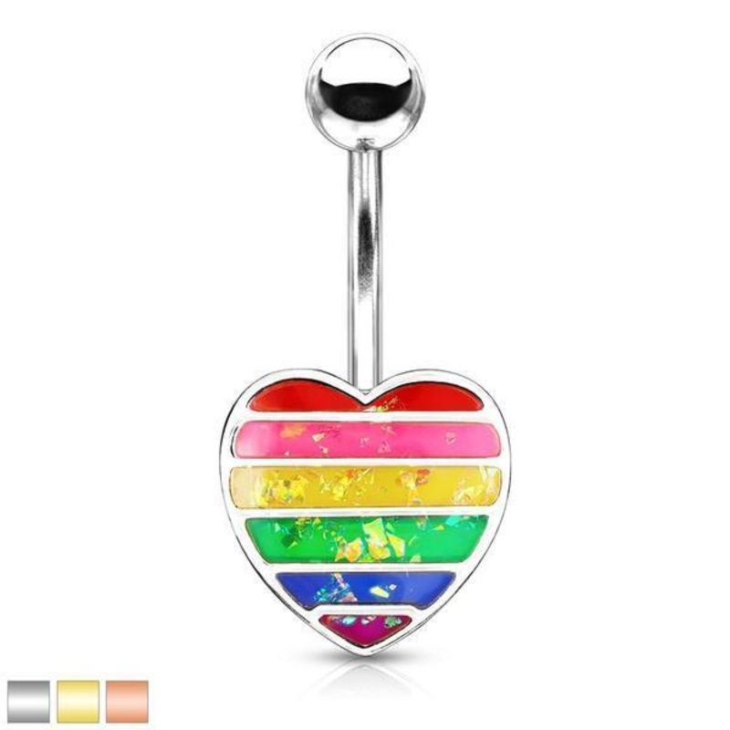 Opal Glitter Pride Heart Belly Bar 14G Gold